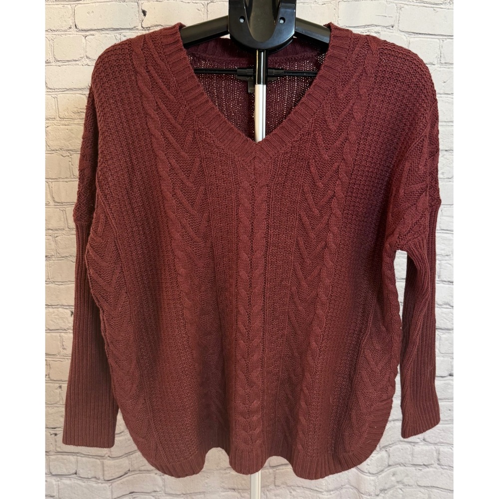Natural Reflections Cabernet Heather Cable‎ Pullover V Neck Sweater Burgundy